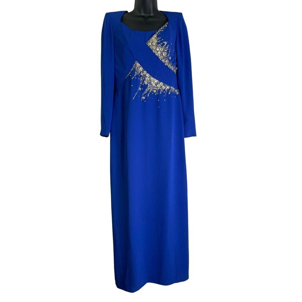 Lilli Diamond Vintage Blue Sheath Midi Rhinestone Beaded Dress Long Sleeve 10